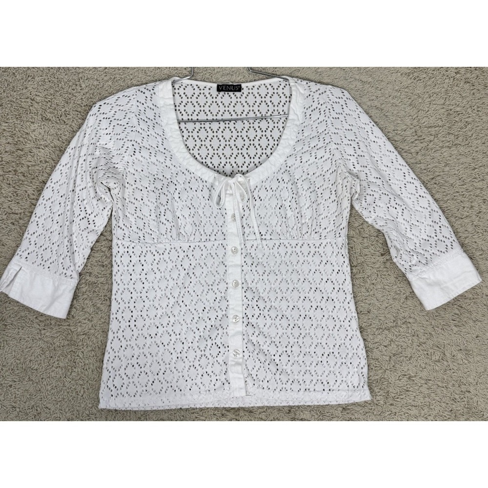 Venus Sheer Crochet Scoop Neck button Up White Babydoll Top Size S Coquette Sexy